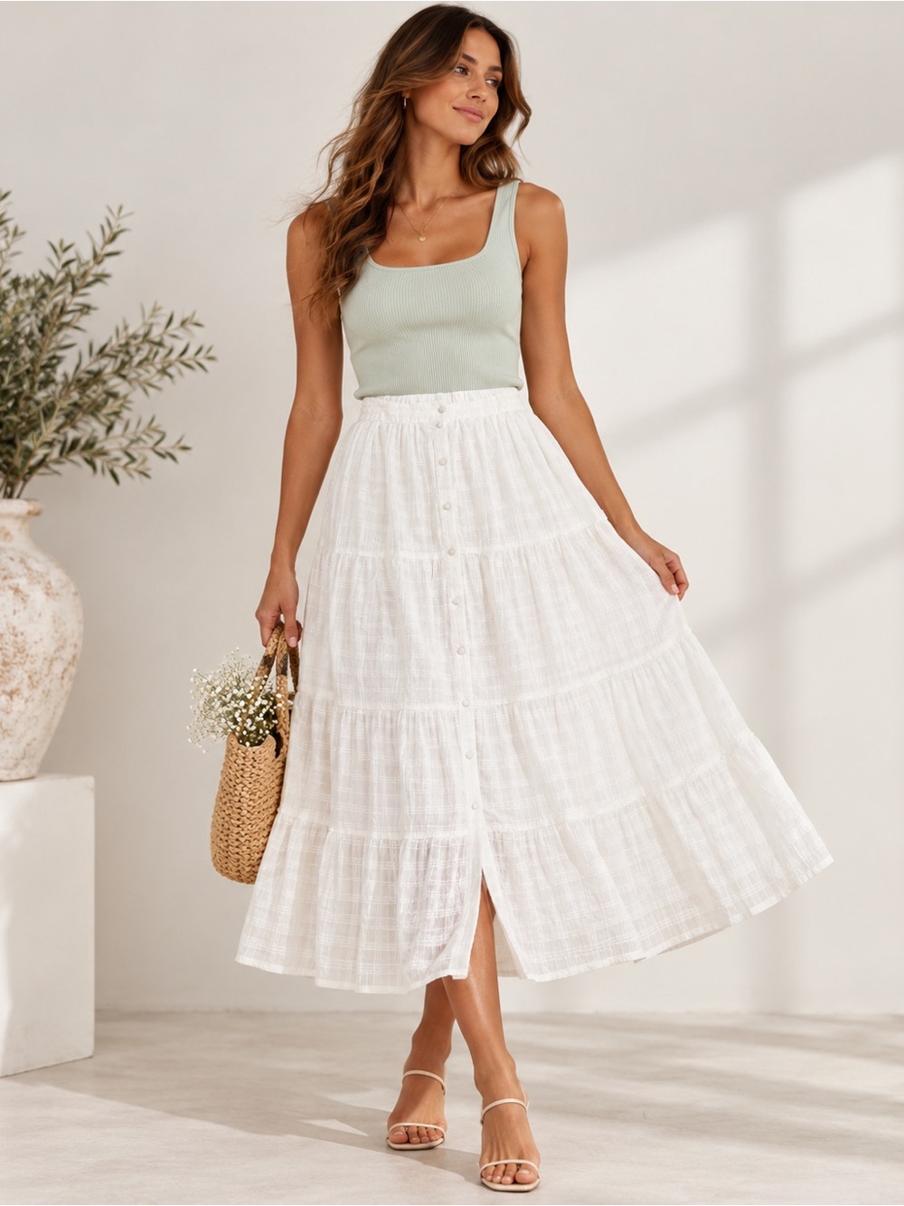 Jennifer & Grace White Tiered Button Front Midi Skirt NWT L